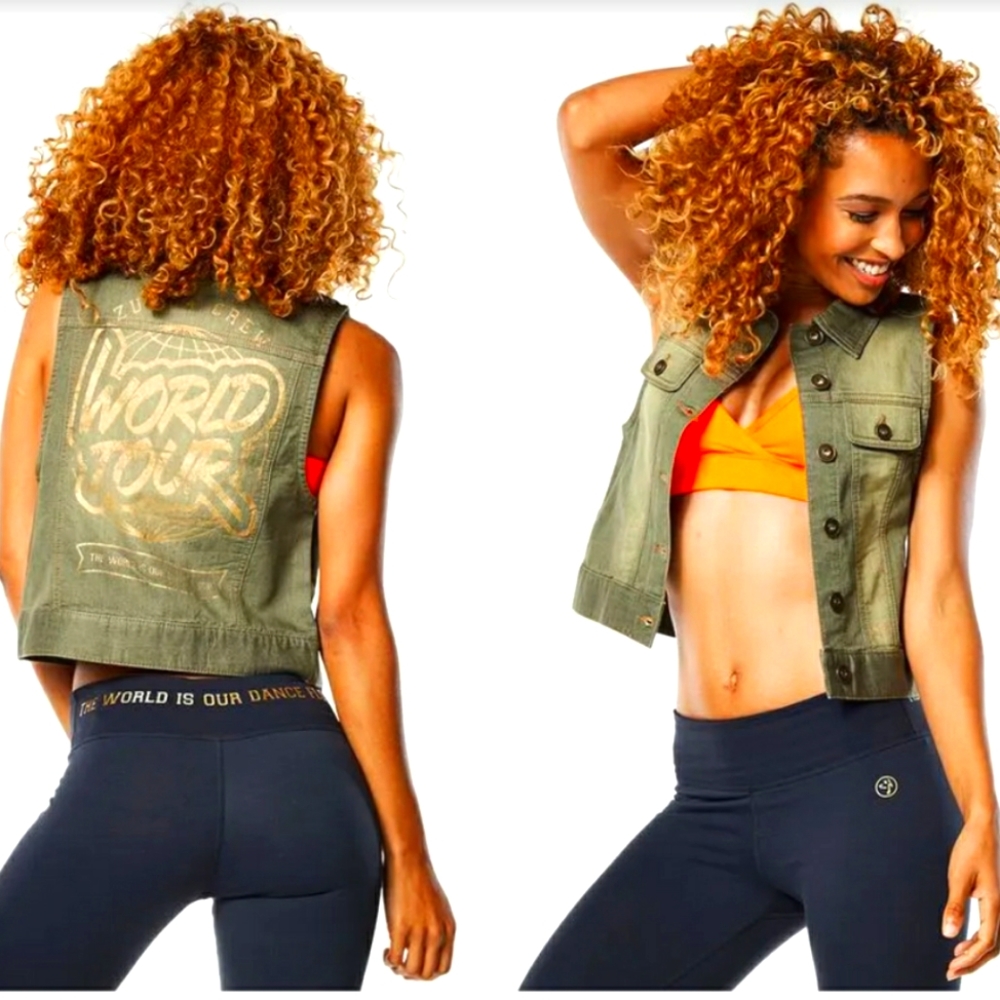 Zumba World Tour Stretch Denim Vest Small or Medium Army Green Metallic Gold